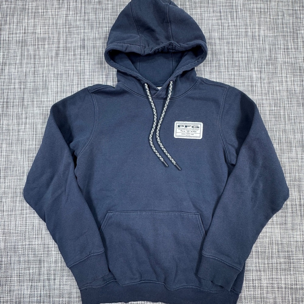 Columbia PFG Castback Mens Small Navy Fleece Pullover Hoodie Fishing Sweatshirt